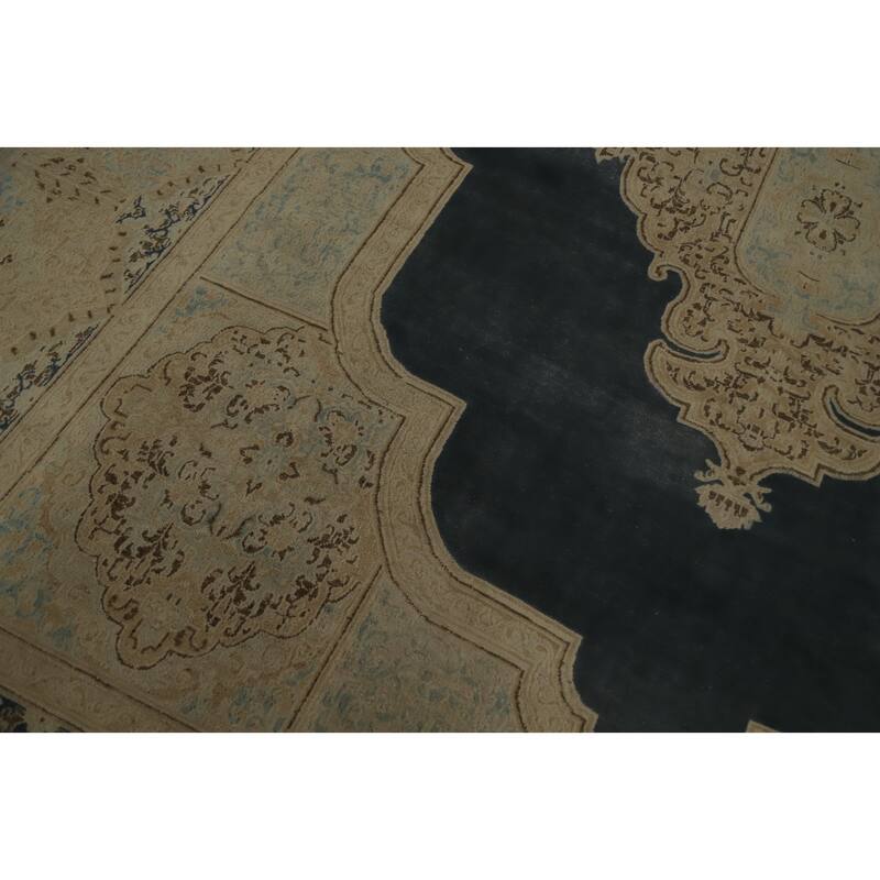 Hand Knotted Oriental 100% Wool Carpet Traditional Medallion Greys & Charcoal Kerman Area Rug - 12' 4'' X 9' 8''