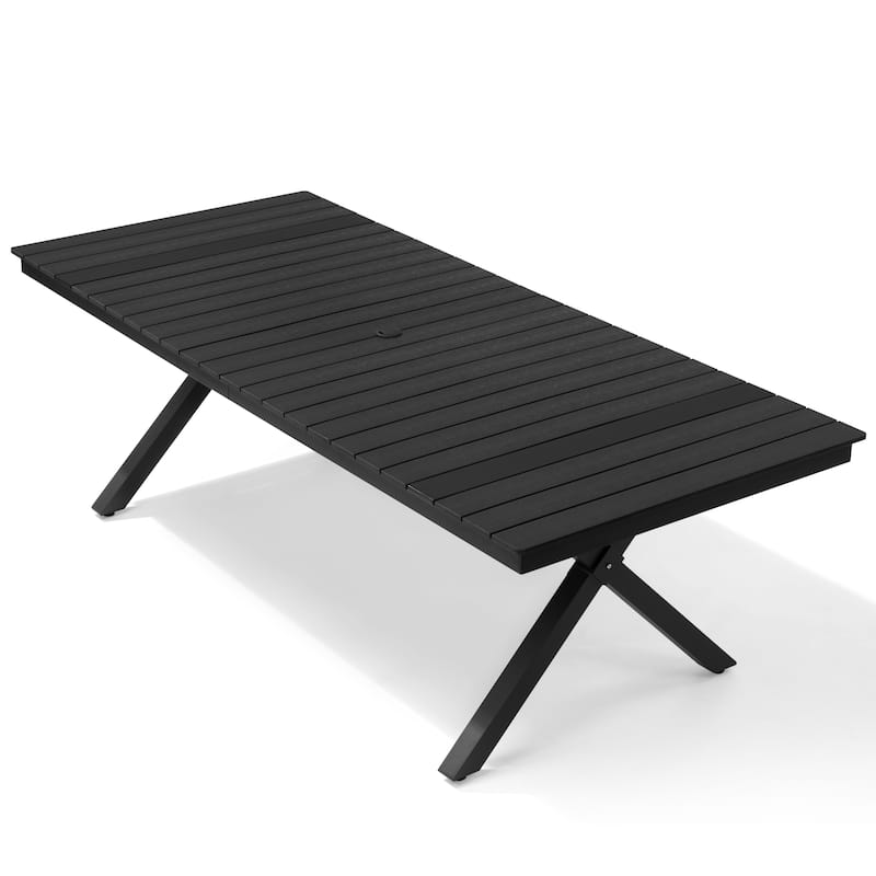 Outdoor Patio Dining Table with LED Light Strip Aluminum Rectangular X-Shaped with Umbrella Hole