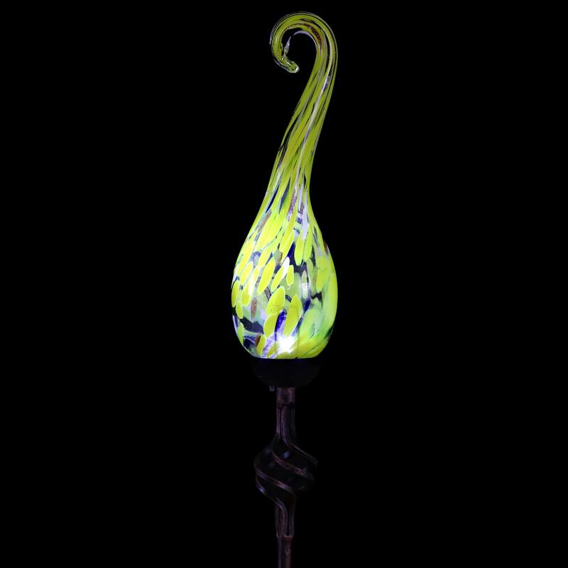 Exhart Solar Hand Blown Pearlized Glass Spiral Flame Garden Stake with Metal Finial Detail, 36 Inch