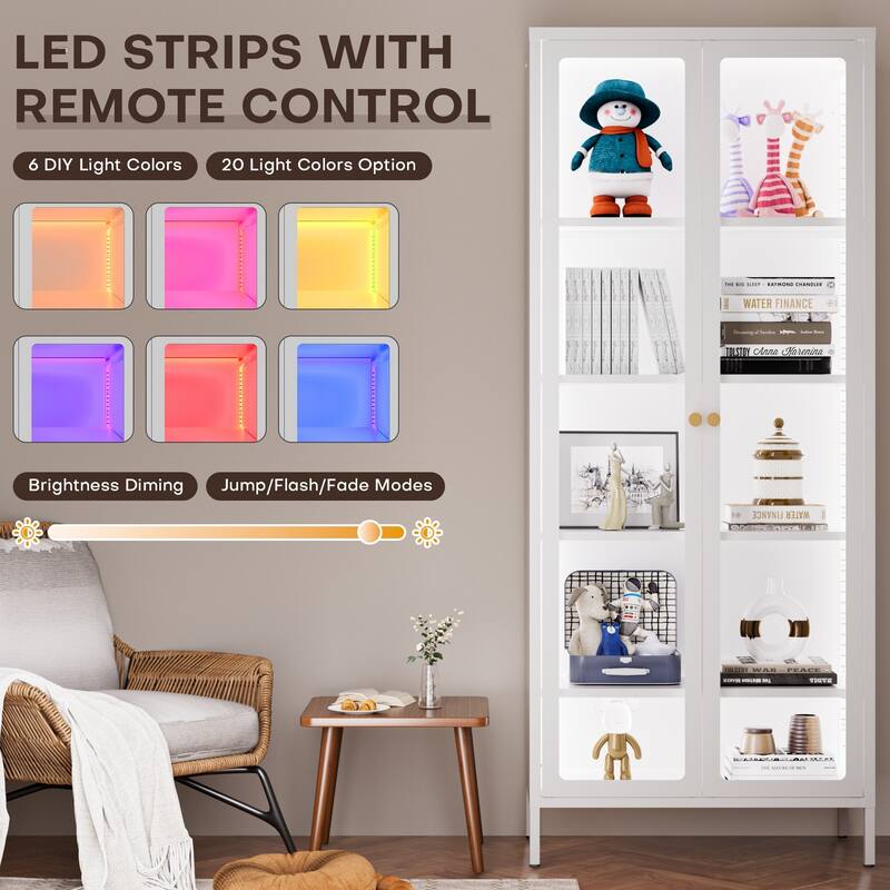 4/5-Tier Glass Curio Display Cabinet with Doors & Adjustable Storage Shelves