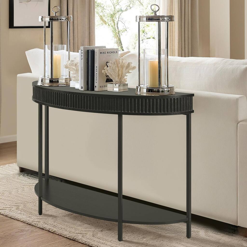 Fluted Half Moon Console Table, 47" Width Modern 2-Tier Black Entryway Console for Living Room Hallway Foyer