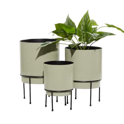 Metal Indoor Outdoor Planter with Removable Black Stand - Set of 3 Gray or Teal - Roche River Decor