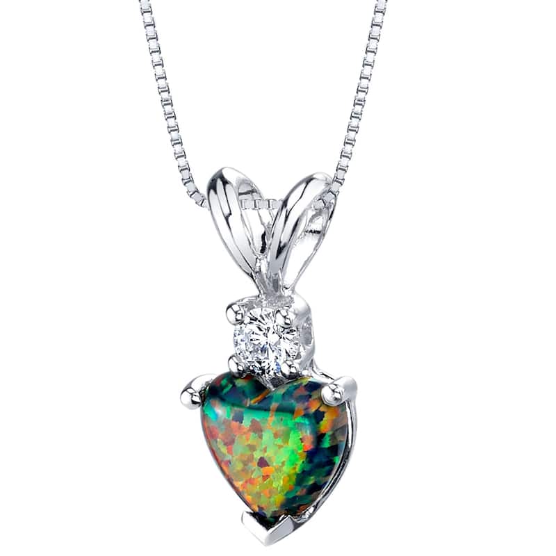 14k White Gold Gold Heart Shape Created Black Opal Diamond Pendant
