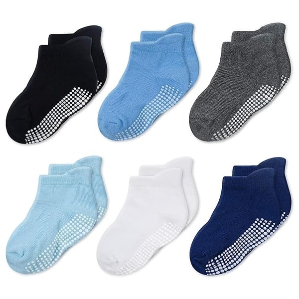 slide 2 of 6, CozyWay Non-Slip Ankle Style Socks with Grippers, 6 Pack for Baby Boys and Girls