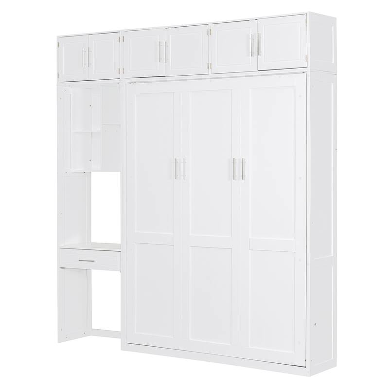 Full Size Murphy Bed Hidden Cabinet with Top Cabinet & Storage Shelves, Foldable Wood Wall Bed Frame with Desk and Drawer