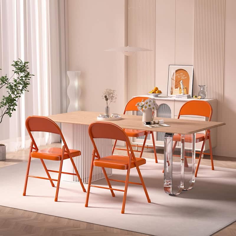 VECELO Folding Chairs Set of 4 Metal Frame Steel Seat with Triple Braced - Orange