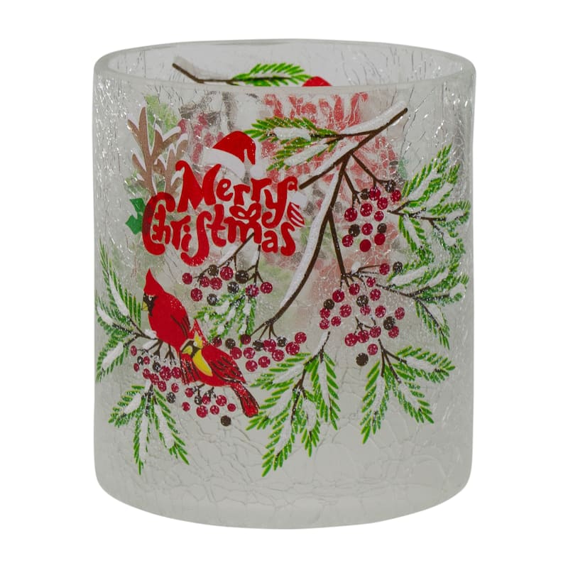 8-Inch Christmas Cardinal Pine Flameless Glass Christmas Candle Holder