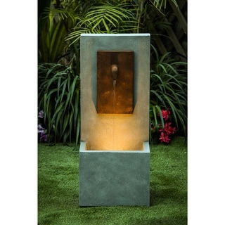 Grey and Brown Cement Column Outdoor Fountain with LED Light