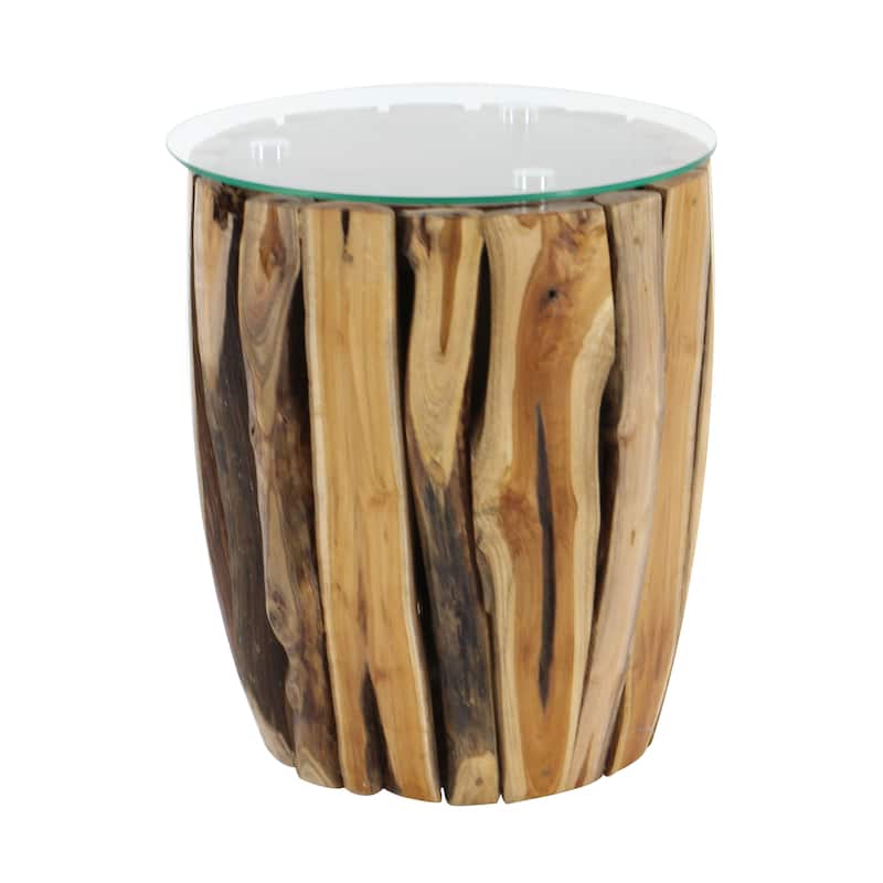 Teak Wood Handmade Live Edge Tree Branch Accent Table with Clear Glass Top - Brown - Roche River Decor - 16"Wx16"Lx18"H
