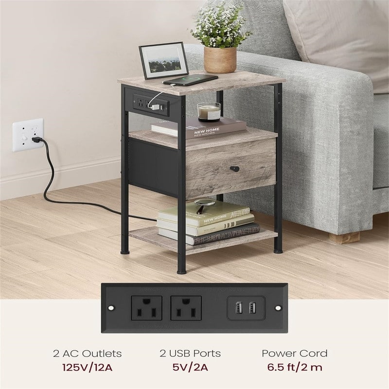 Nightstand with Charging Station Night Stand Side Table with 1 Drawer and 2 Open Shelves