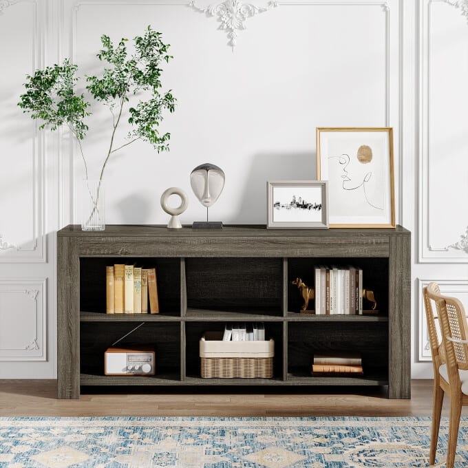 63-inch Horizontal Wood Bookshelf, Industrial Long Bookcase