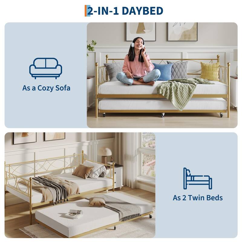 Twin daybed with Trundle,Metal Twin Daybed,Day Bed Sofa Bed Frame with Steel Slat Support,Multifunctional Daybed Frame