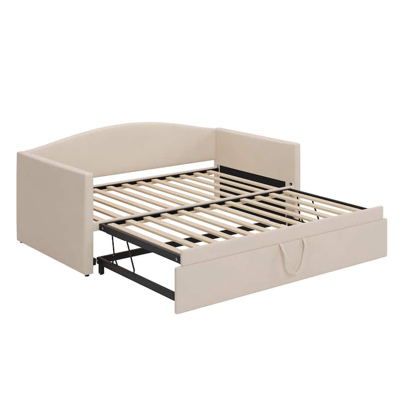 Twin Size Velvet Upholstered Daybed with Extended Pop Up Trundle Bed Convertible King Sofa Bed Frame, Space-Saving Twin to King