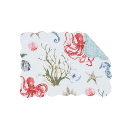 Behari Coastal Sea Life Cotton Quilted Rectangular Reversible Placemat Set of 6 - Set of 6