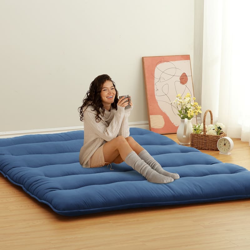 Japanese Futon Floor Mattress, Japanese Style Floor Mattress Sleeping Mattress Pad Tatami Mat - Wavy Navy Blue - Queen
