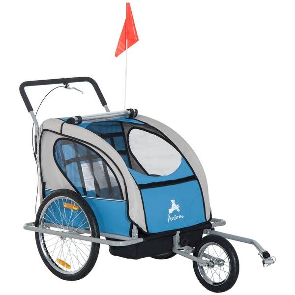 slide 2 of 16, Baby Bike Trailer for Kids with 5-Point Safety Harness, Canopy, and Ample Storage, Holds 2 Children, 88 lbs Blue