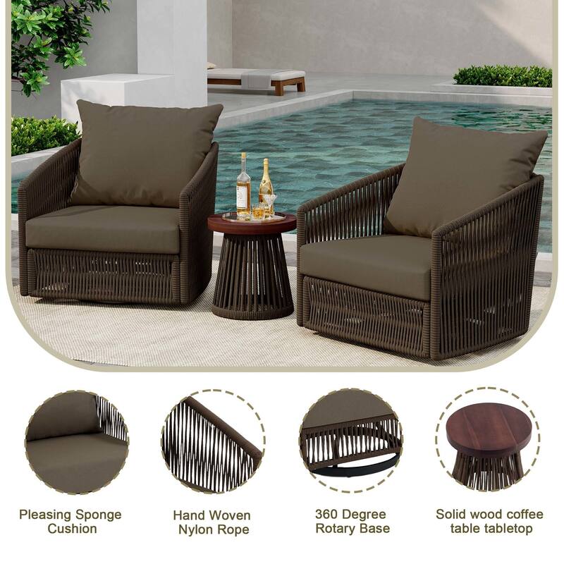 3-Piece Outdoor Rattan Swivel Lounge Chair Set Barrel Chairs for Backyard