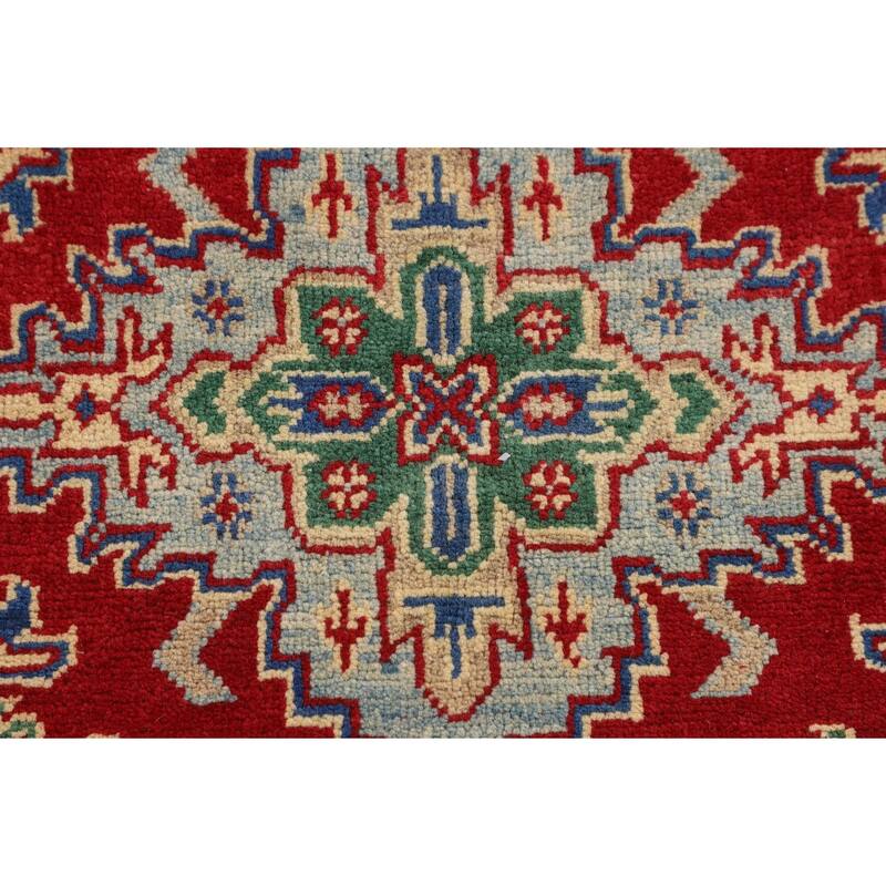 Red Geometric Kazak Foyer Rug Hand-Knotted Oriental Wool Carpet - 3'5" x 5'2"