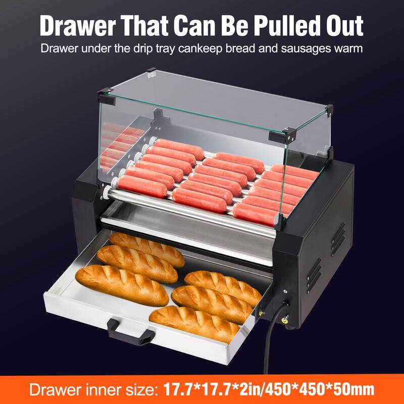 Electric 18 Hot Dog 7 Roller Grill Machine with Warming Drawer - 7 Rollers