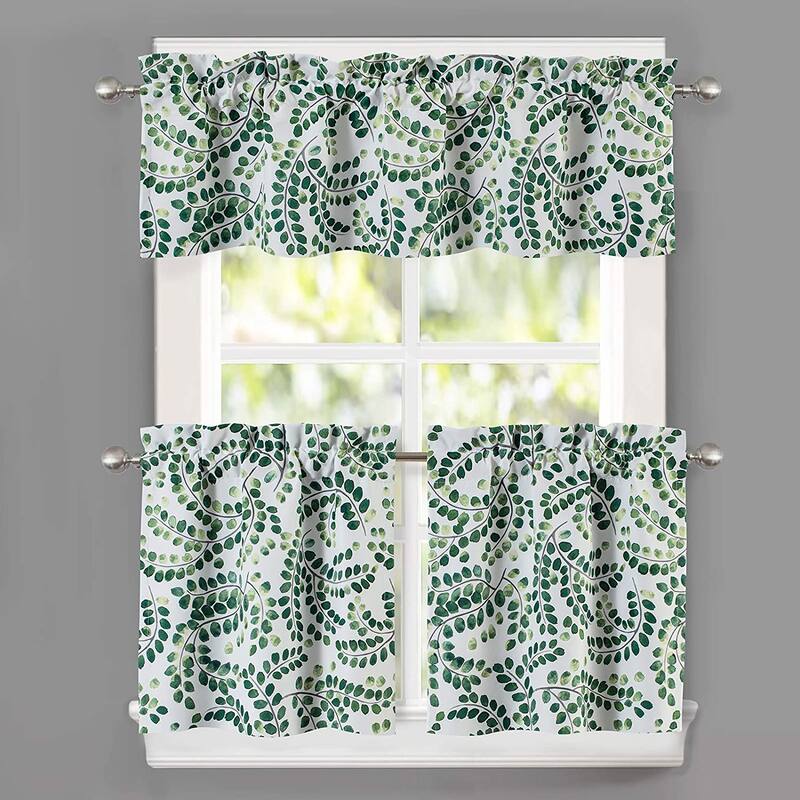 DriftAway Aleena Floral Scroll Pattern Semi Sheer 3 Pieces Window Curtain Set - 58''x14''x1+29''x24''x2 - Green