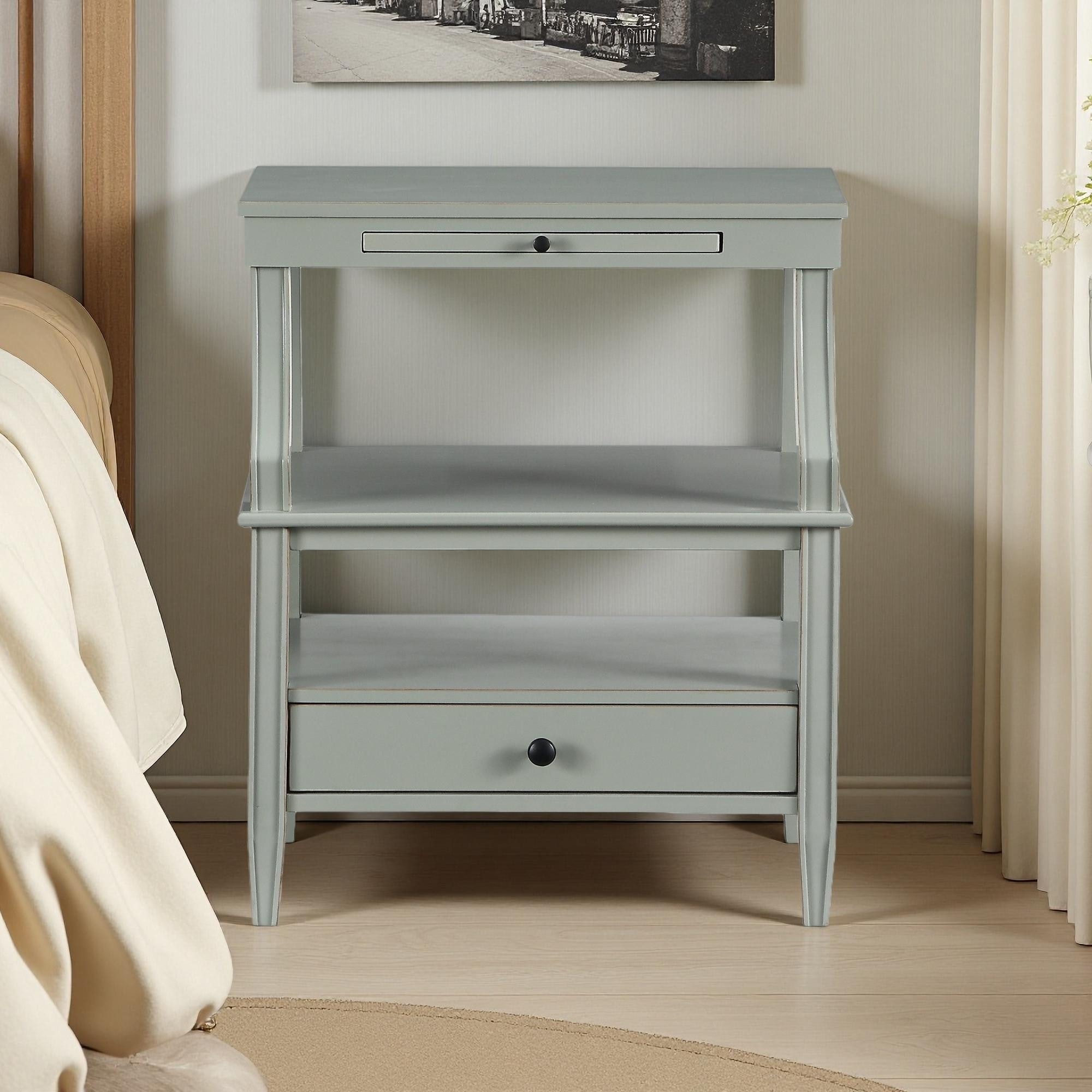 23.75"L Vintage Nightstand with Pull-Out Tray, Storage Drawer, Fluted Legs, and Ample Shelf Space