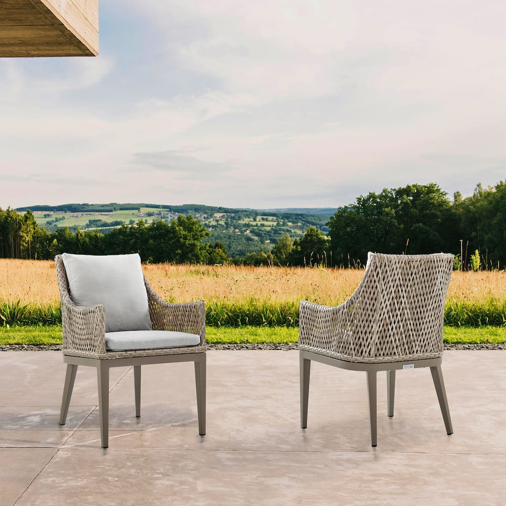 Grenada Outdoor Wicker and Aluminum Gray Dining Chair with Beige Cushions - Set of 2