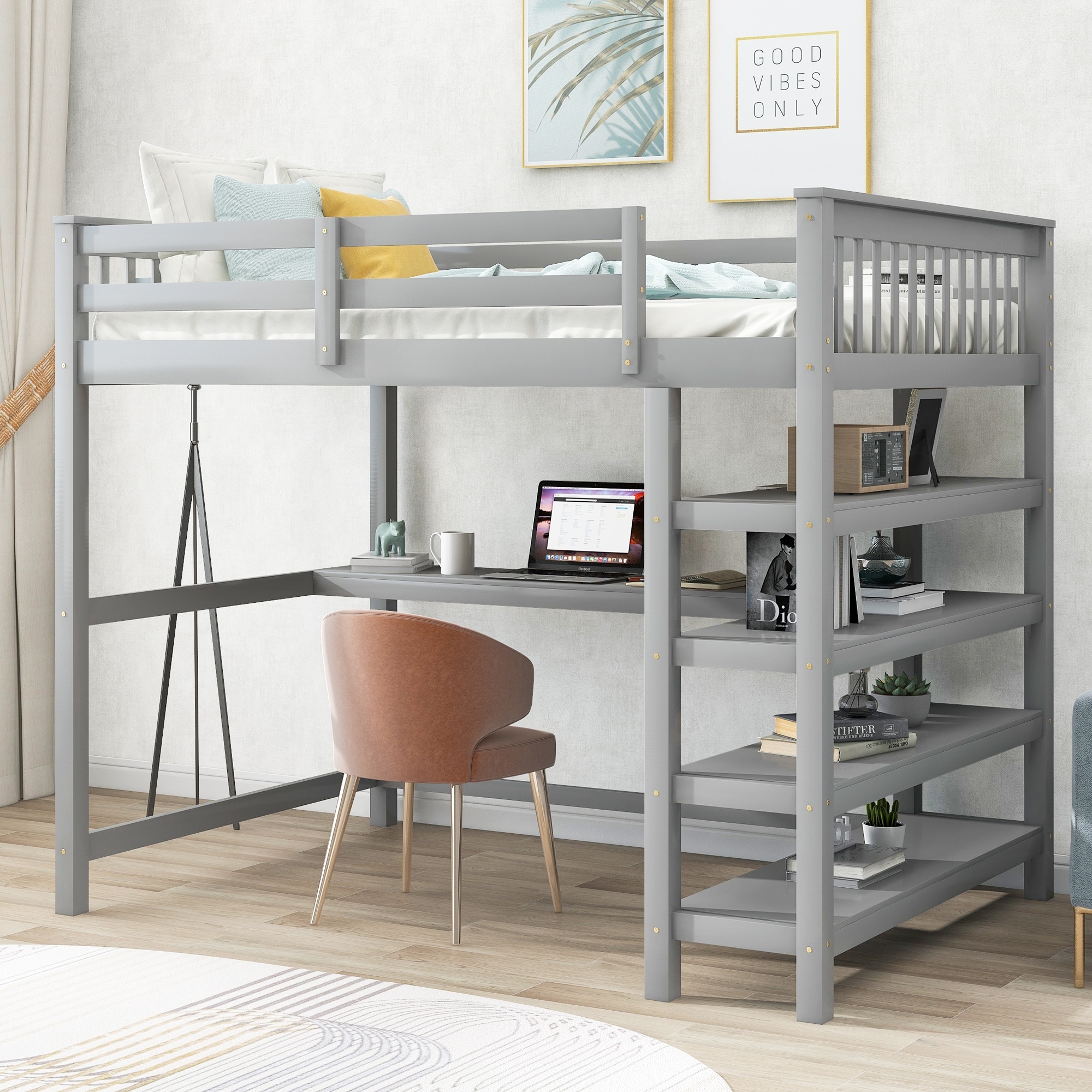 Full Loft Bed with Under Bed Desk and 4 Tier Storage Shelves High