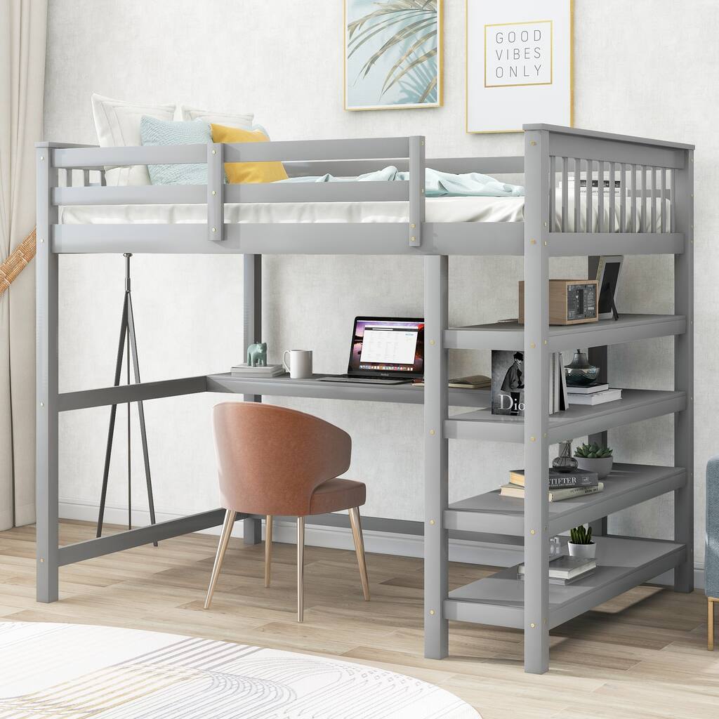 Gray Solid Wood Loft Bed with Integrated Desk, Storage Shelves, and Stable Guardrails