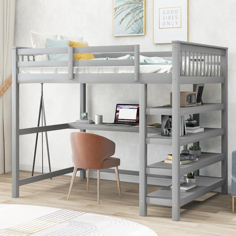 Wood Loft Bed w/Desk, Full Size Loft Bed w/Shelves and Under Bed Desk