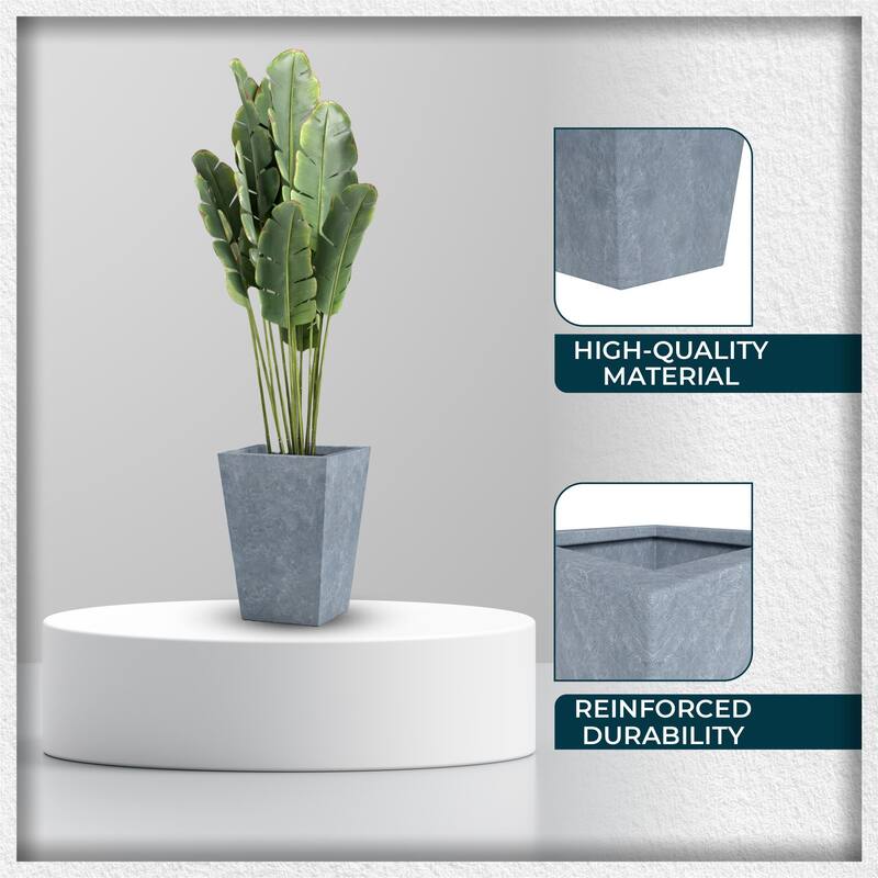Serene Modern Square Tapered Fiberstone MGO Planter with Drainage Holes, Cover & Weather-Resistant Indoor Outdoor Plant Pot