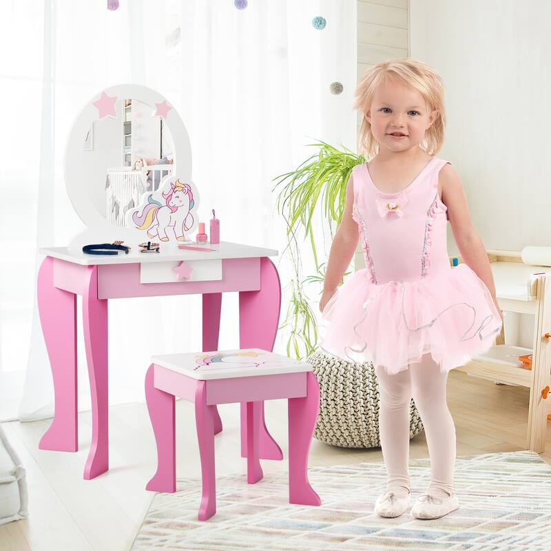 Kids Vanity Set with Mirror Wooden Princess Makeup Table and Stool Set