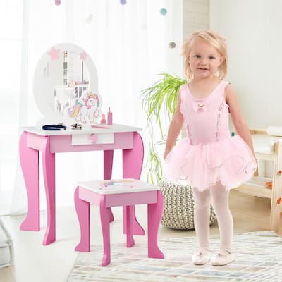 Kids Vanity Set with Mirror Wooden Princess Makeup Table and Stool Set