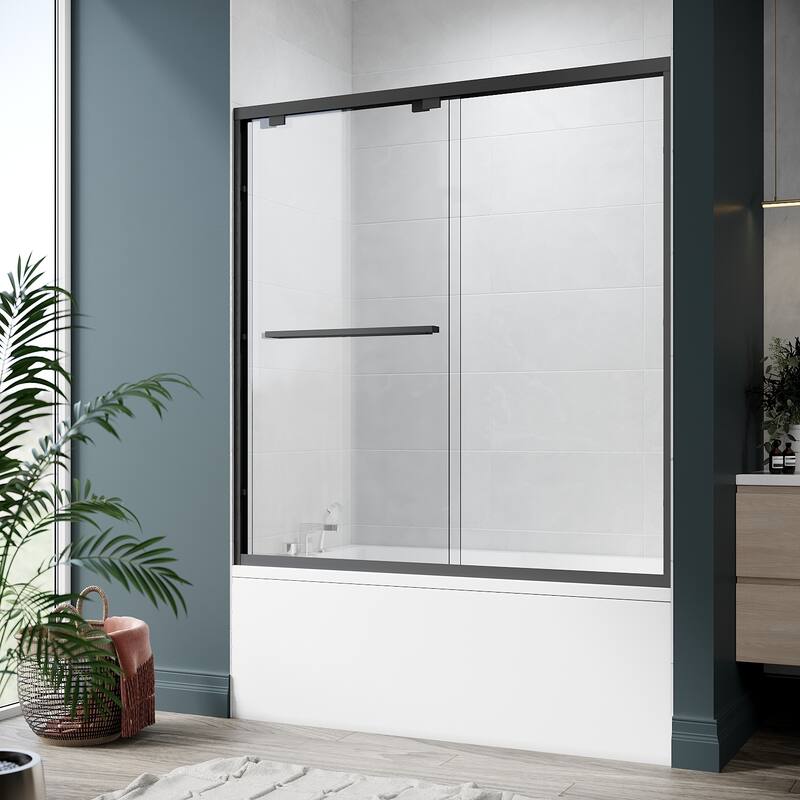 Elegant Double Sliding Shower Door with 1/4 inch Clear Tempered Glass in Matte Black Tub Door
