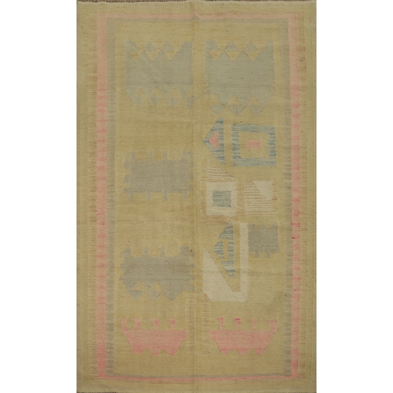 Hand Woven Oriental 100% Wool Carpet Southwestern Modern Yellow & Gold Kilim Area Rug - 5' 9'' X 4' 2''