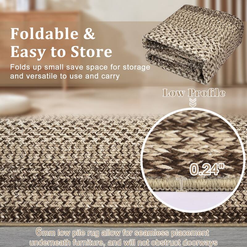 Washable Living Room Rugs Modern Braided Print Area Rug Border Design Accent Rugs for Bedroom Non-Slip Low Pile Area Rug