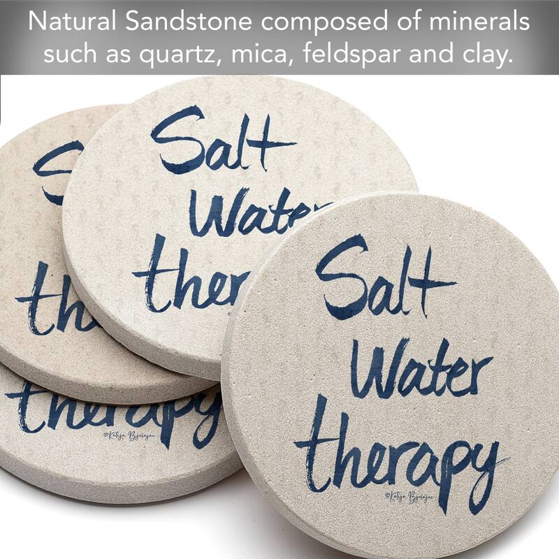 Saltwater Therapy 4 Pack Round Natural Sandstone Coasters with Protective Cork Backing Manufactured in The USA