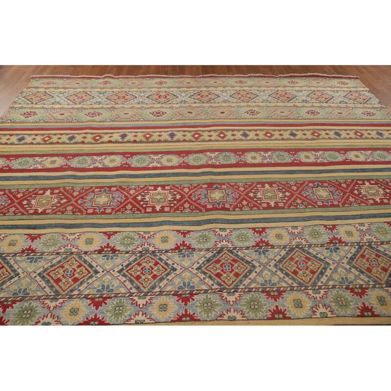 Striped Kazak Oriental Area Rug Hand-Knotted Wool Carpet - 9'10"x 13'2"