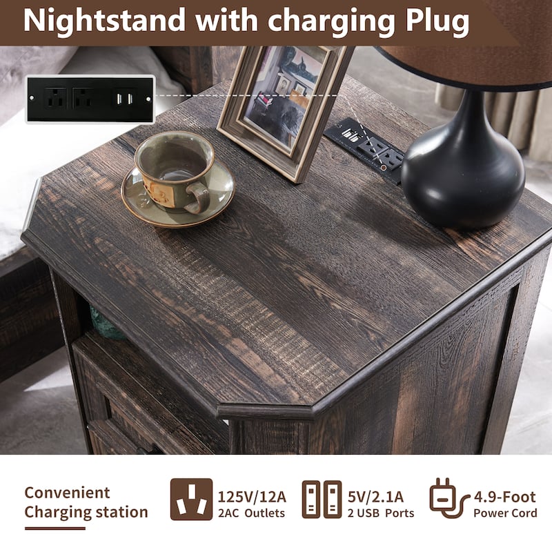 Farmhouse Nightstand Set of 2 with Charging Station, Beside Table