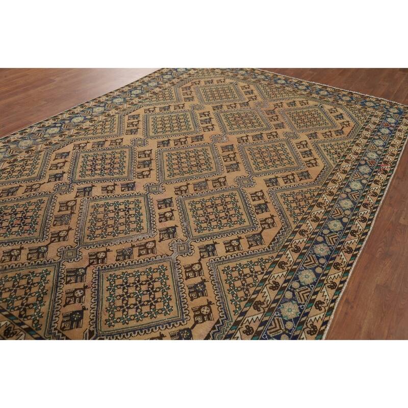Geometric Bakhtiari Vintage Persian Area Rug Hand-Knotted Wool Carpet - 6'9" x 9'11"