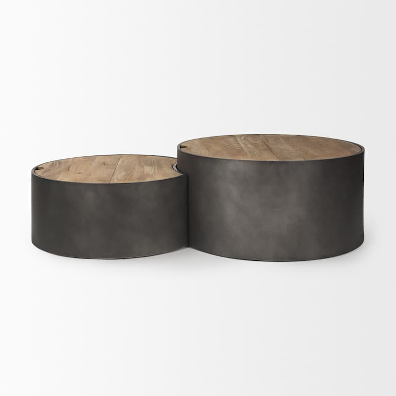 Eclipse Gunmetal Grey Drum Base w/ Medium Brown Solid Wood Top Nesting Coffee Tables (Set of 2)