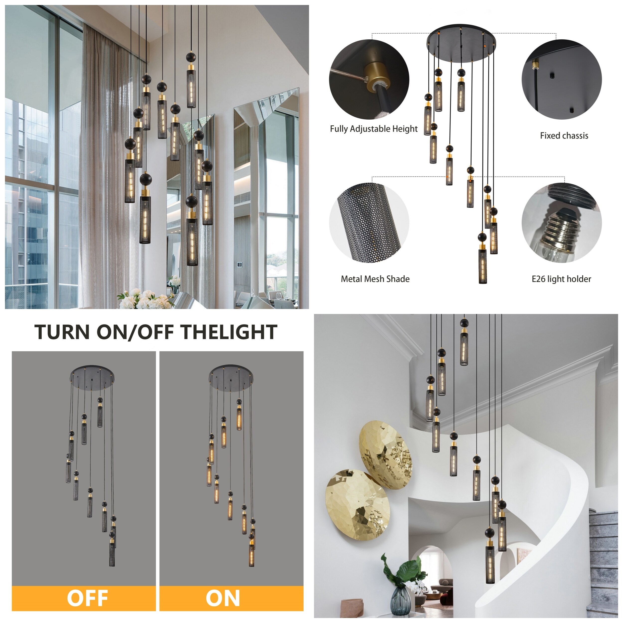 9-Light Black & Gold Industrial Chandelier - Adjustable Grid