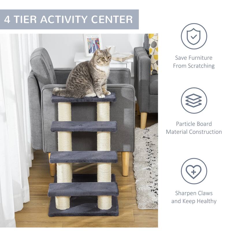 Cat Tree with 4 Steps for High Beds Couch, Cute Stair Shaped Cat Tree for Indoor Cats or Dogs w/ Sisal Scratching Post - Gray