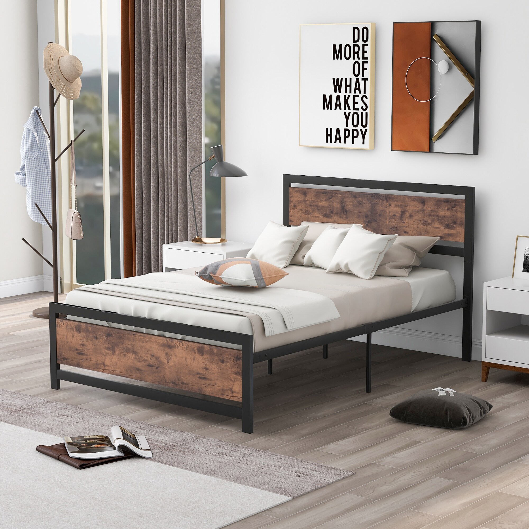 Rustic Country Style Metal and Wood Full Size Platform Bed Frame