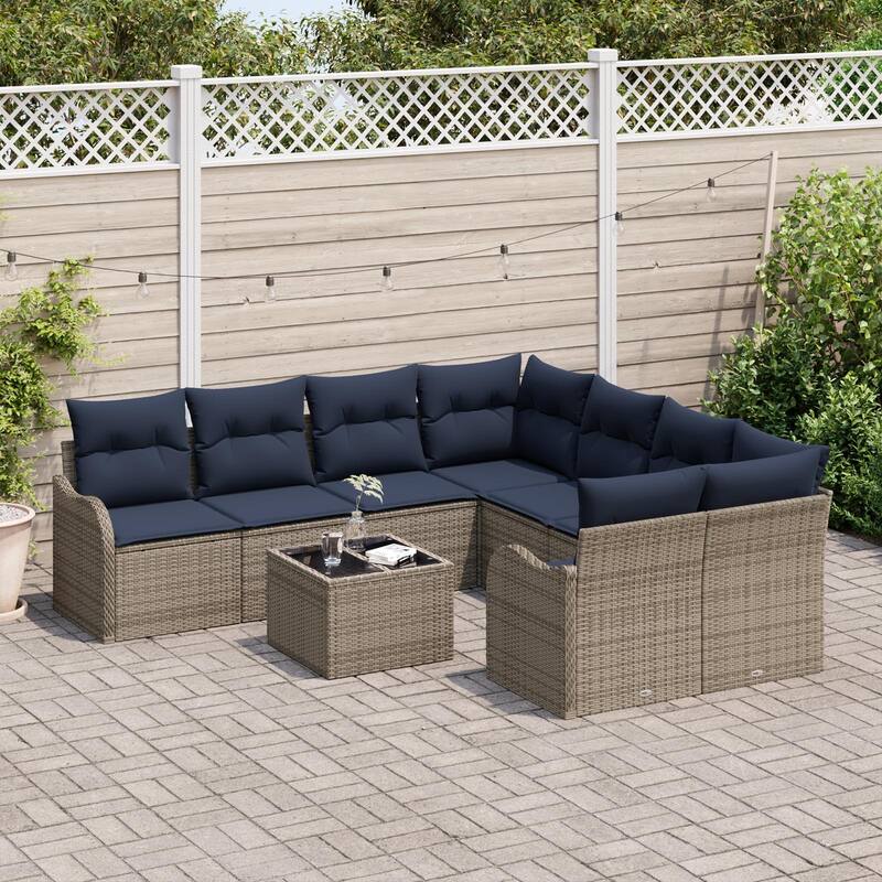 vidaXL 9 Garden Sofa Set with Cushions Black/Brown/Grey Poly Rattan - 91.5 x 92.1 x 27.2