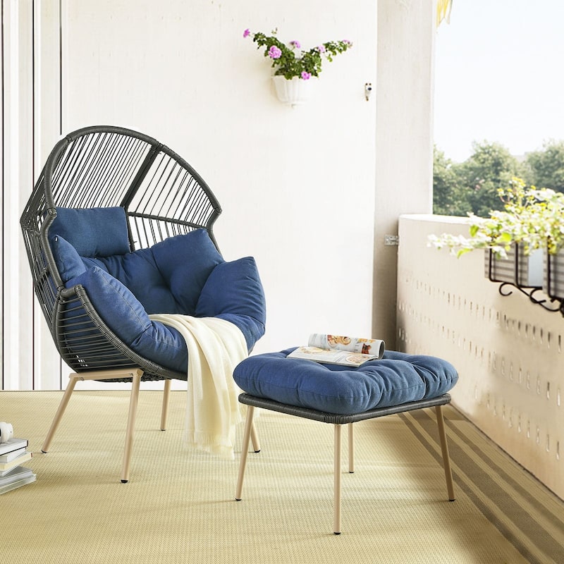 Pocassy Outdoor Egg Chair Garden Funiture - Mix Grey & Blue Cushion - 2PCS Egg Chair with Ottoman