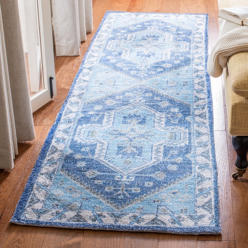 SAFAVIEH Handmade Saffron Marcela Modern & Contemporary Tribal Blue/Ivory Cotton - 2' 3" x 8' - Blue/Ivory - Runner