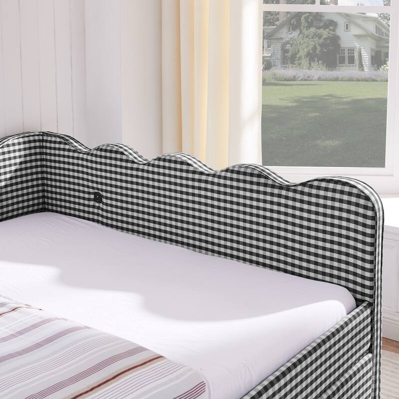 Full/Queen Gingham Daybed with 2 Storage Drawers, USB Port & Wave Shaped Linen Fabric