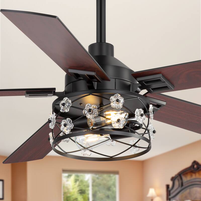 52" Reversible 5-Blade Farmhouse Glam Floral Glass Caged Ceiling Fan with Light and Remote - Matte Black
