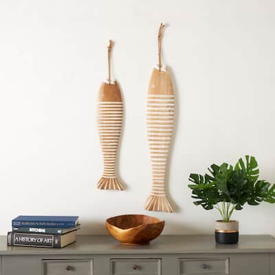 Brown Wood Fish Home Wall Decor with White Stripes and Hanging Rope (Set of 2)
