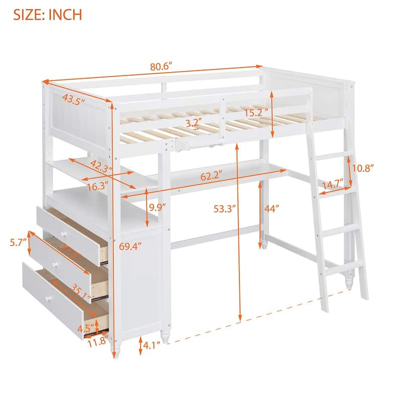 Merax Wooden Twin/Full Loft Bed with Drawers and Desk, Shelves